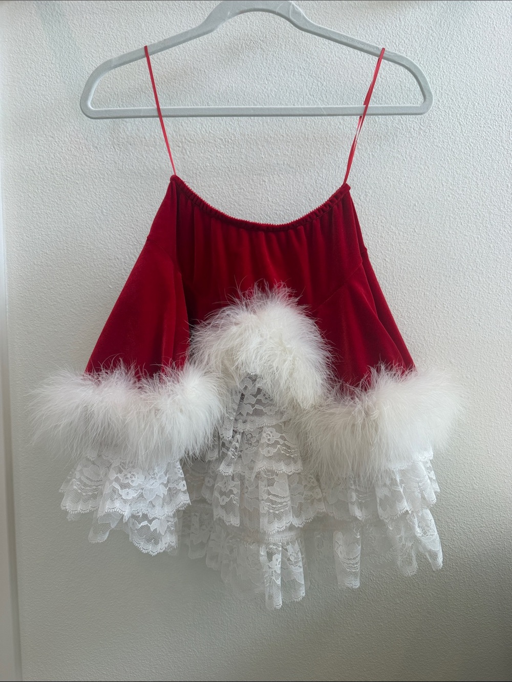 Trashy Lingerie Red Velvet & White Lace Festive Cami with Faux Fur Trim